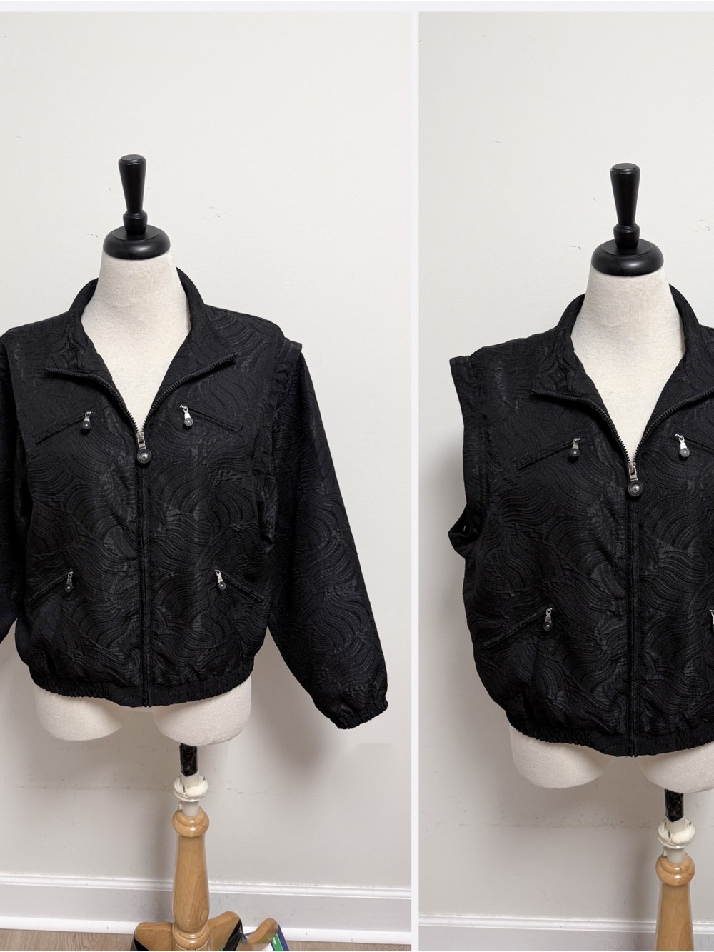 Jamie Sadock Black Textured Convertible Zip Up Windbreaker Jacket Vest Large